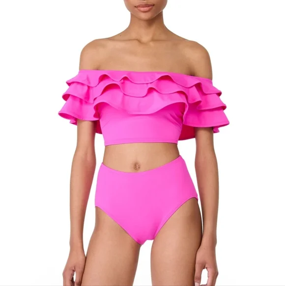 Kate Spade New York fuchsia pink ruffle bikini top and high-waisted bottom set - Picture 1 of 8